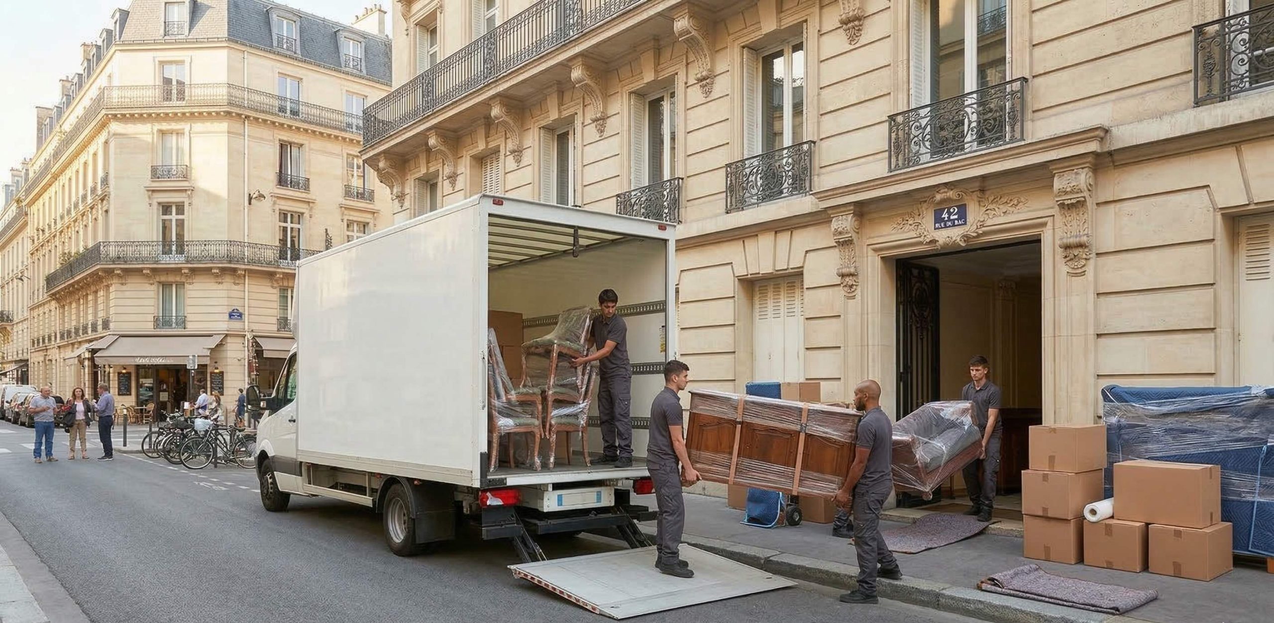 chargement camion déménagement rue parisienne